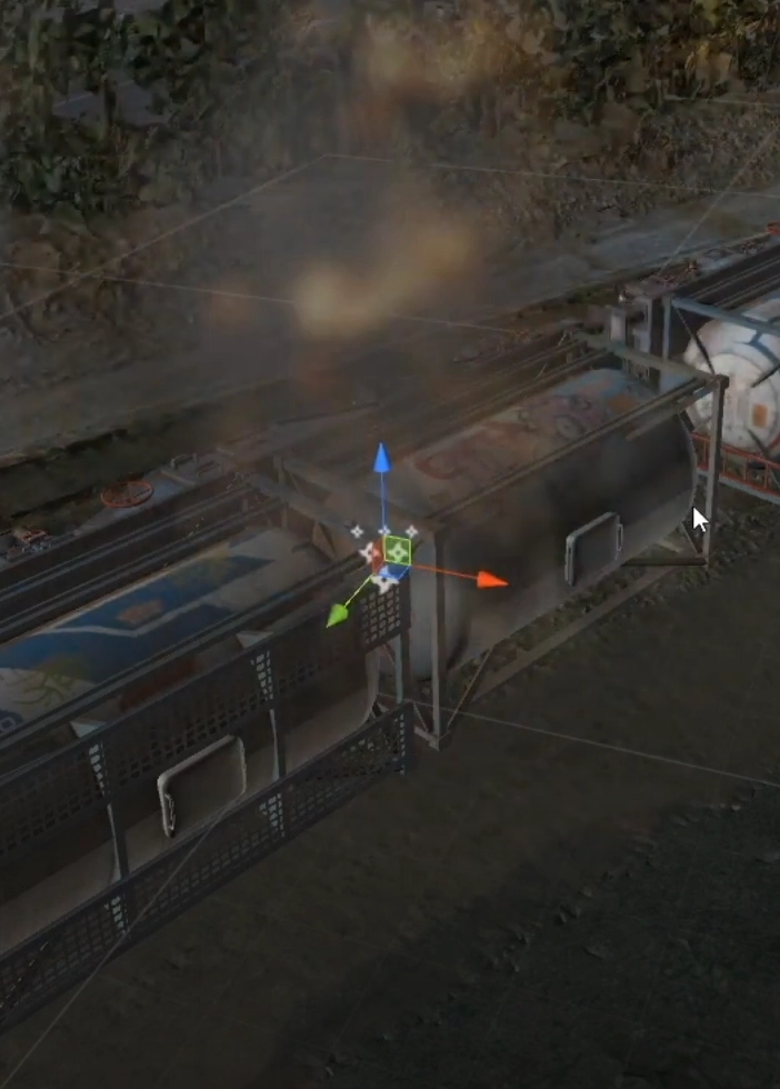 a simulated train wreck with toxic gas emitting from the overturned cars